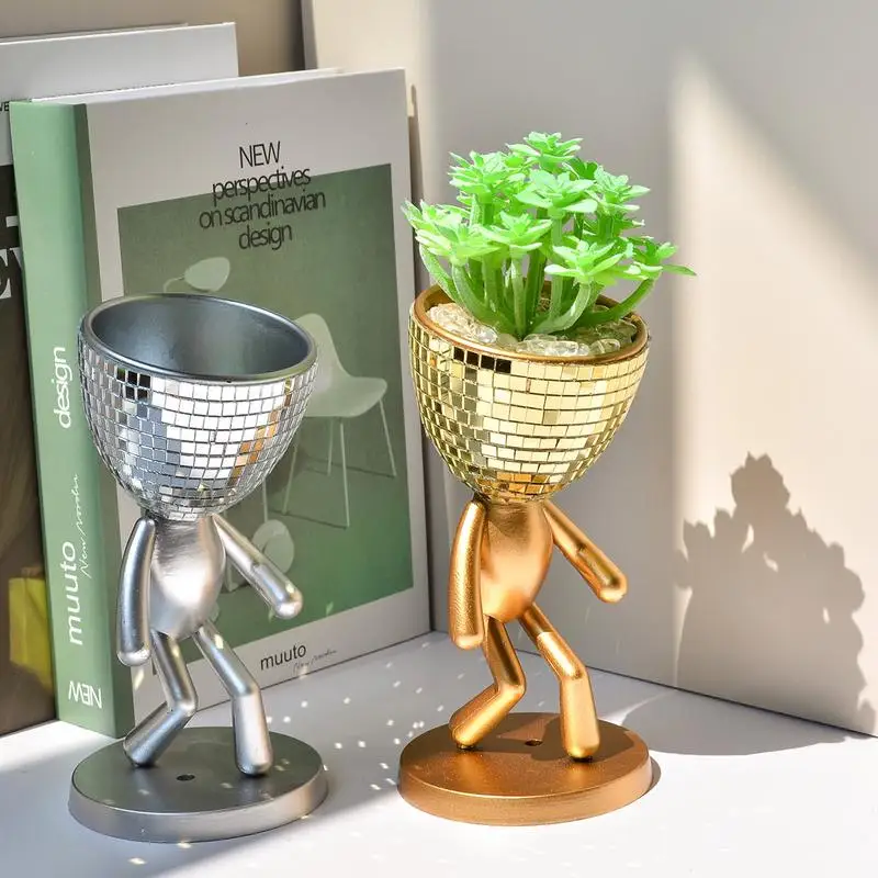 Disco Planter Walking Man Flower Pot Abstract Figure Cactus Succulent Planter Pot Desktop Garden Mirror Glass Vase Decoration