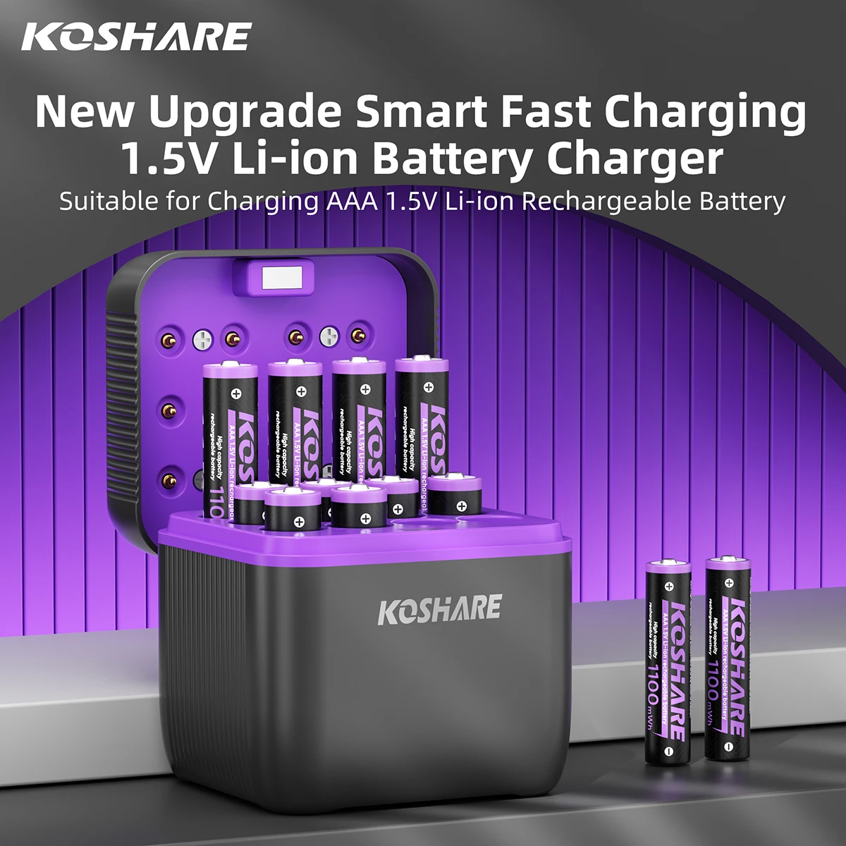 

KOSHARE AAA 12-Slot Rechargeable Battery Smart Fast Charger Set For 1.5V 1100 mWh Lithium Batteries Individually Available