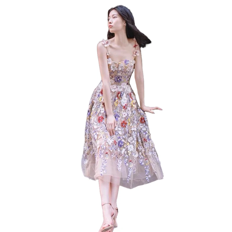 Ele Floral Strapl Ballkleid Abendkleid 2023, neuer koreanischer SLE-langer A-Linien-Rock Dr für Par Hochzeitsfeier