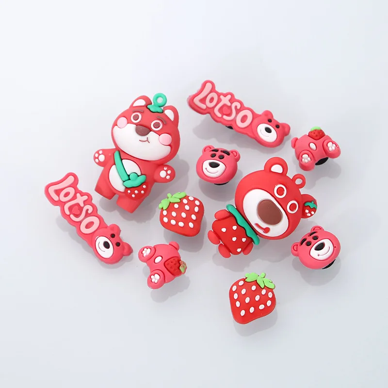 10Pcs Girls Women Cute Anime Strawberry Bear Shoe Charms DIY Hole Shoes Detachable Buckle Garden Shoes Accessories Festival Gift