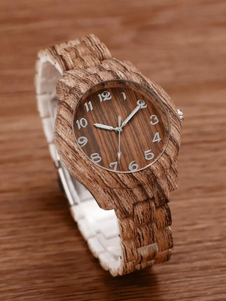 1pc Women's Fashion Wooden Grain Strap & Dial Quartz Wrist Watch