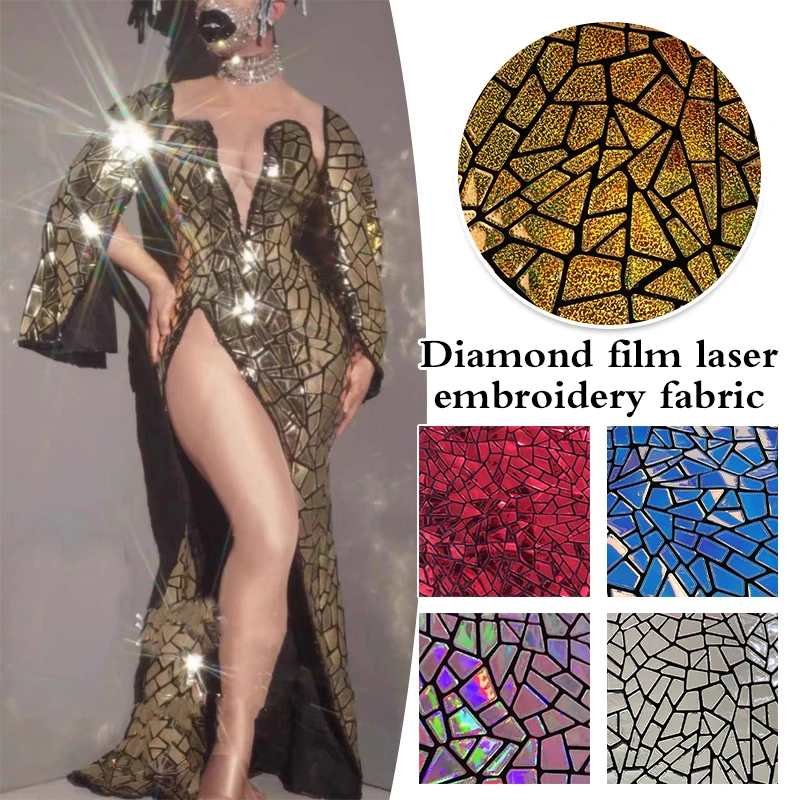 1Yard Colorful Laser Sequin Polyester Velvet Fabric Geometric Polygonal Illusion Splicing Sequins Laser Dazzle Clothing Material