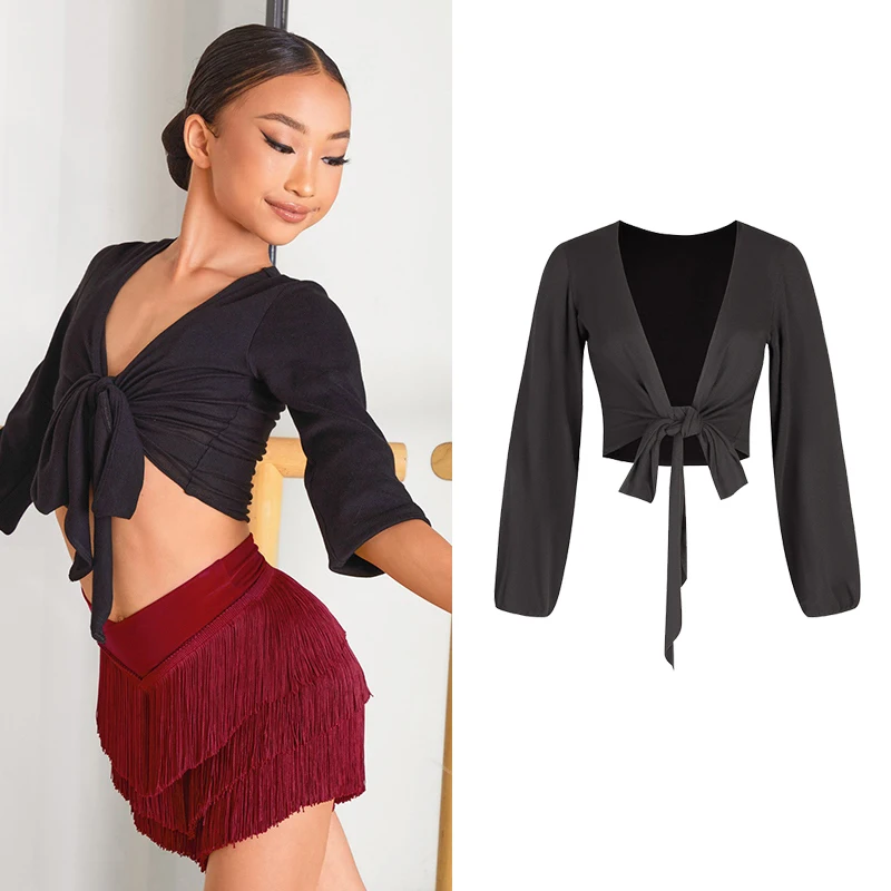 ZYM Latin Dance Performance Costumes For Girls Black Cardigan Tie Top Chacha Rumba Tango Dress Kids Latin Stage Clothes DQS17707