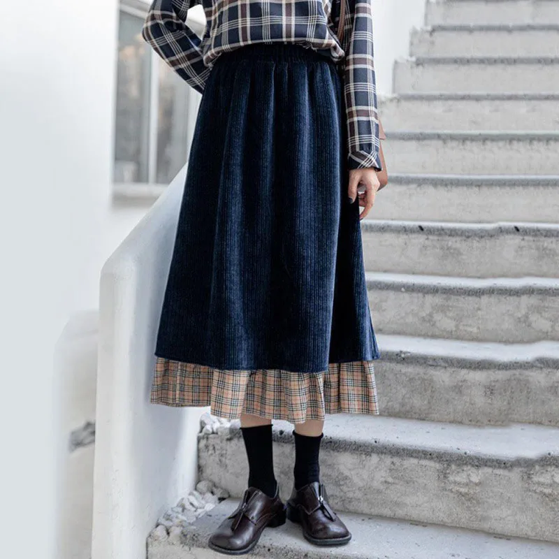 Vintage sztruksowe spódnice midi damskie wysokiej talii Plaid Patchwork spódnice linii jesienno-zimowa casualowe w stylu Streetwear odzież damska