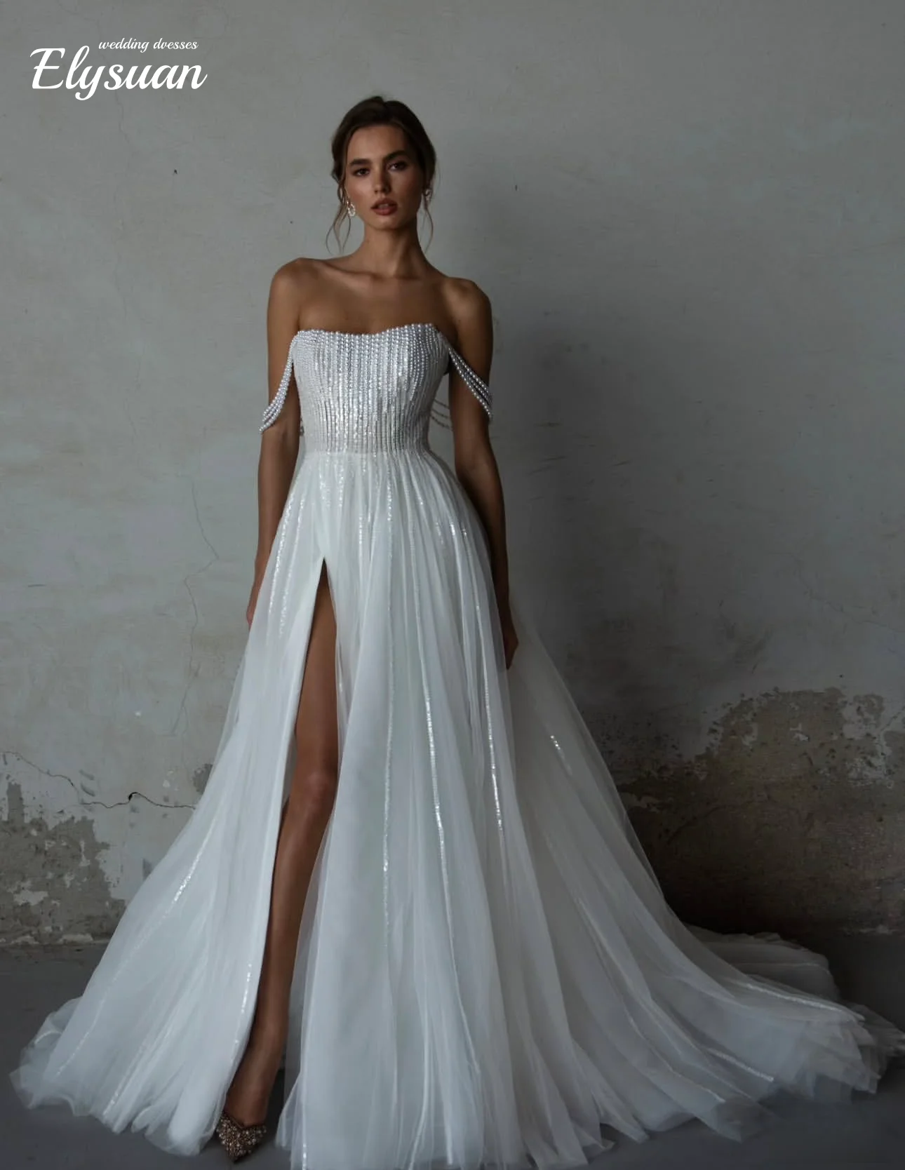 Customized Luxury Pearls A Line Wedding Dress Sexy Side Slit Floor Length Sequins Tulle Bridal Gowns Vestidos De Novia