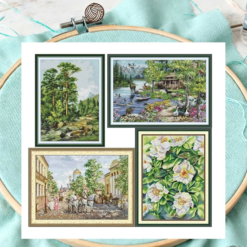 

Joy Sunday Cross Stitch Kit Lake House HD Pattern Counted Printed Fabric Canva Aida 16/14/11CT DIY Embroidery Kit Christmas Gift
