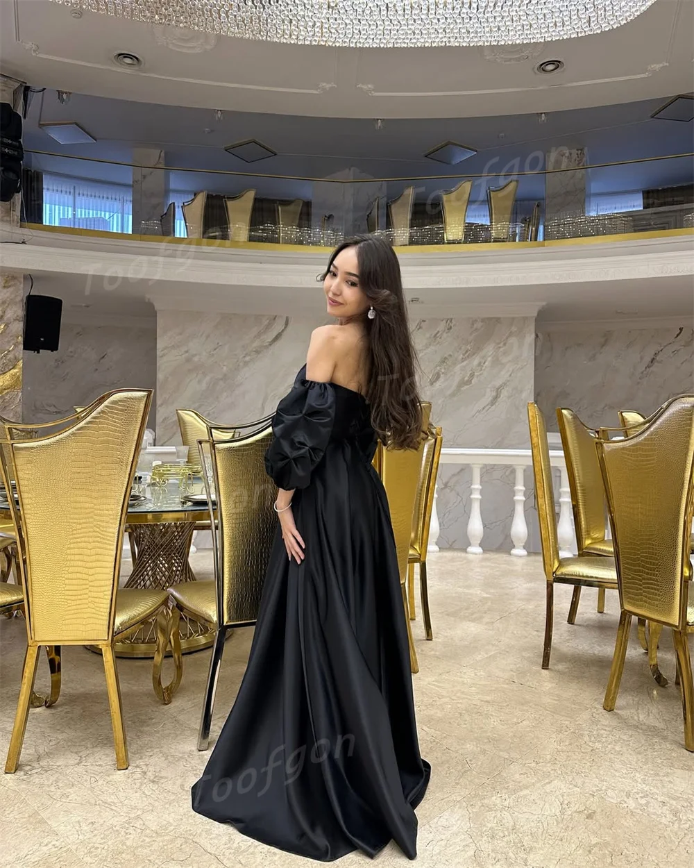 Toofgon الساتان الأسود ألف خط فساتين لحضور الحفلات الموسيقية انفصال كم قصير مشد ثوب مسائي رسمي مخصص المرأة فستان الحفلات الخاصة