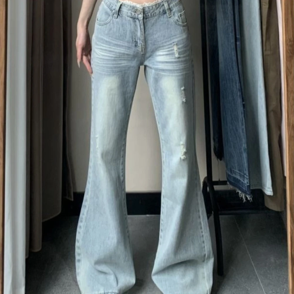 TWOTWINSTYLE Blue Spliced Lace Basics Trousers Female High Waist Loose Streetwear Sweet Women's Flare Pants Autumn New Fashion