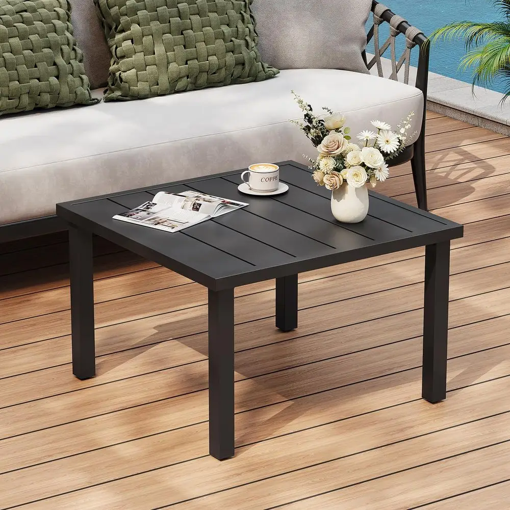 

Small Outdoor Coffee Table, 28 Inch Square Patio Coffee Table, Metal Coffee Table for Porch, Backyard, Poolside, Balcony Black