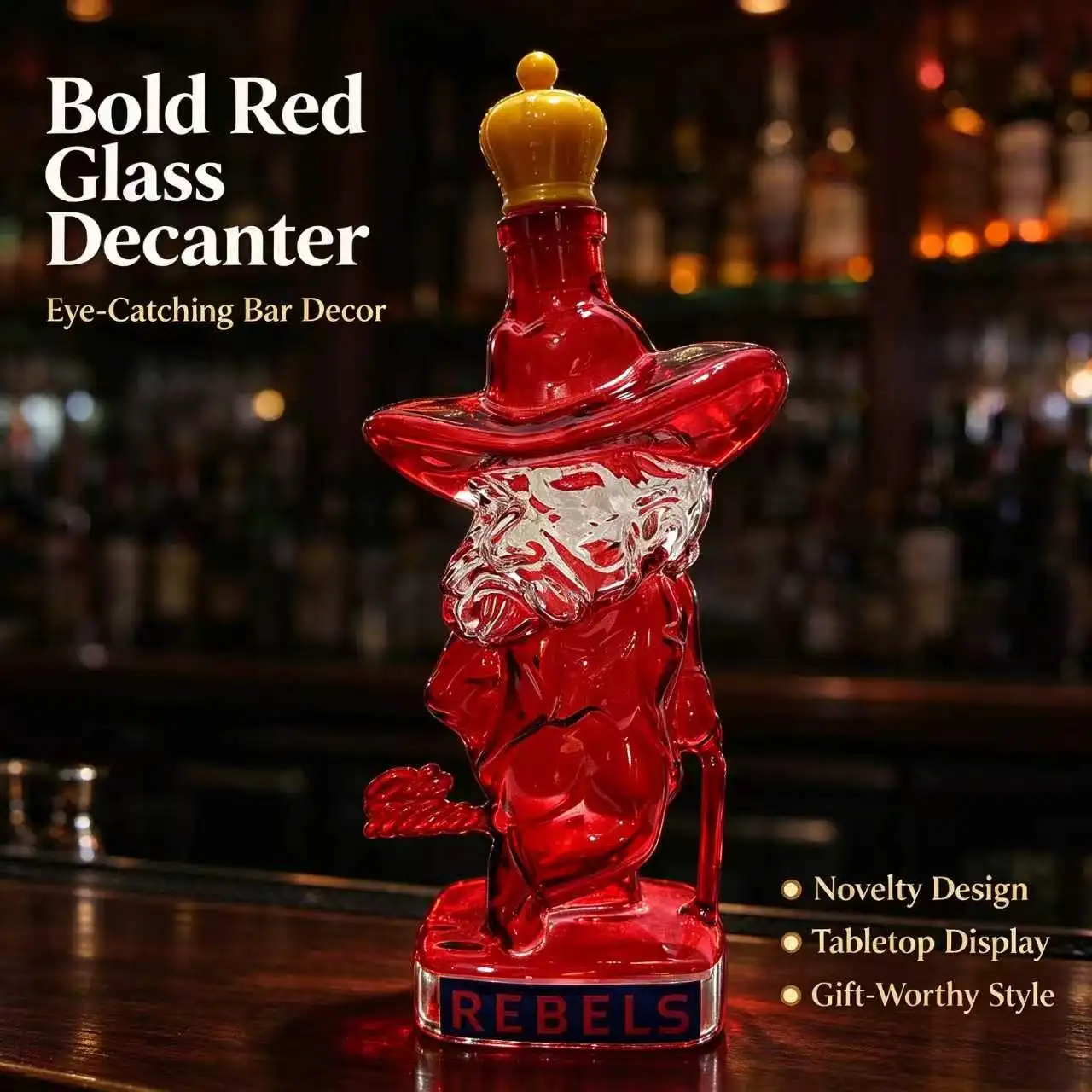 Rebels Themed Glass Liquor Bottle Decanter, Art Cowboy Shape, Bar Desktop Decor, Gift for Bourbon & Tequila Fans