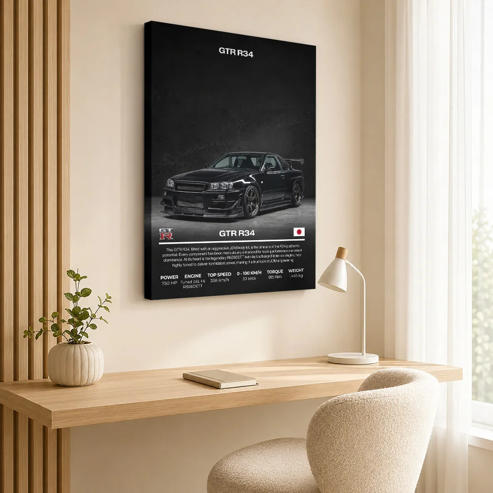 Striking Sleek Japanese GTR R34 Black Car Framed Canvas Poster Customized Photo Modern Canvas Wall Art Garage And Office Decor