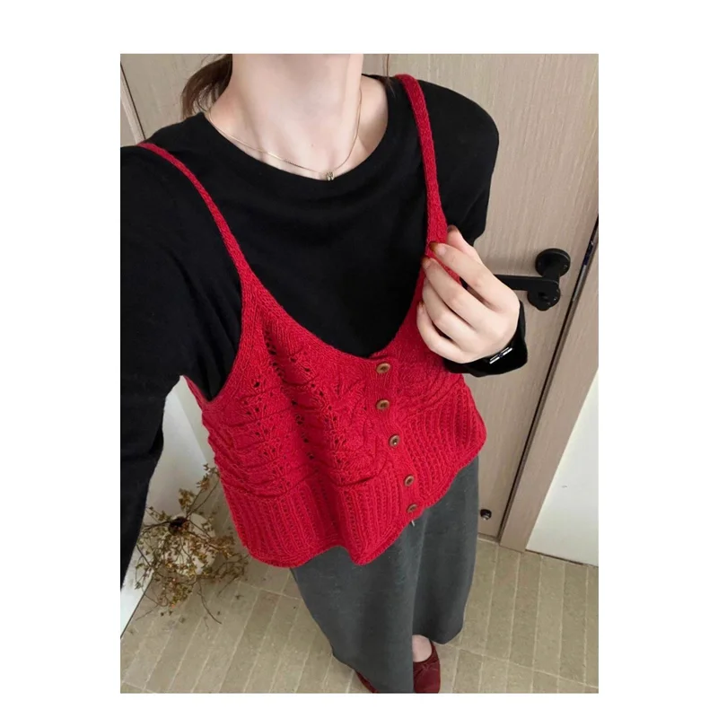 Women's Knitted Hollow out Hook Flower Vest Top Korean Style Early Autumn Fashionable Versatile Inner Wear Polyester Fiber