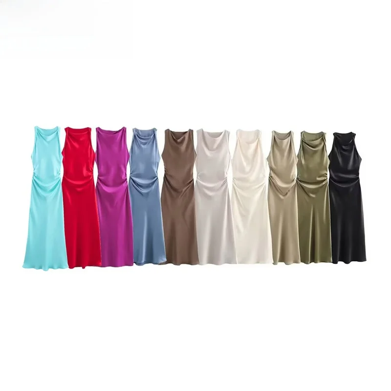 ZBZR Wiosenna Nowa Moda Dopasowana Spódnica Midi z Jedwabnej Satyny o Teksturze Dr Ele Sle Svel w Kształcie Litery A dla Kobiet Ci Commute