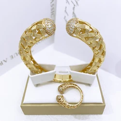 GZJPEI Design Hollow Bracelet Ring Set Shiny Zircon Cubic Zirconia Open Cuff Bangle Ring For Women Birthday Jewelry Gifts