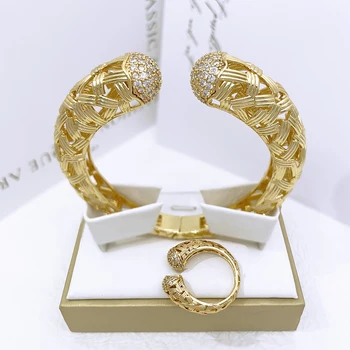 Pulsera para mujer, brazalete y anillo de circonita de cobre con patrón tejido chapado en oro de 18 quilates, joyería de Dubái, regalo de fiesta de boda de tendencia nigeriana