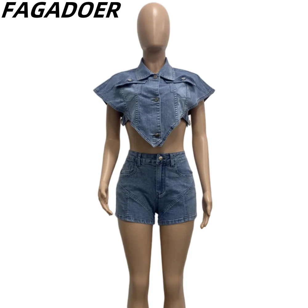 Imagem -04 - Fagadoer-conjunto de Duas Peças Jeans Azul para Mulheres Top e Shorts de Manga Curta Gola Irregular Streetwear Moda