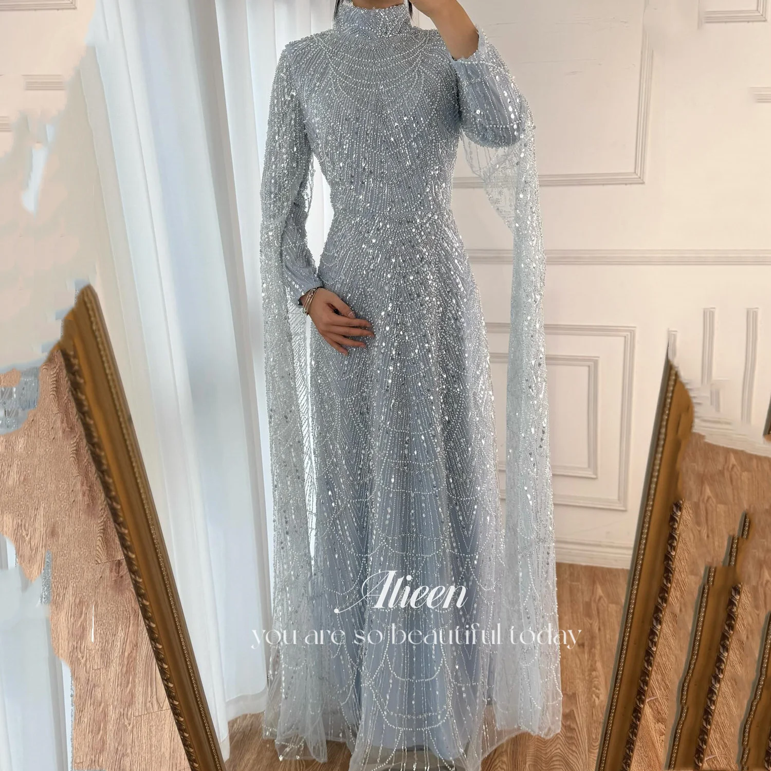 فساتين نسائية أنيقة باللون الأزرق السماوي من Aileen لحفلات الزفاف فستان سهرة نسائي مخصص مطرز بالخرز فيستدوس دي فيستا فساتين سهرة #1