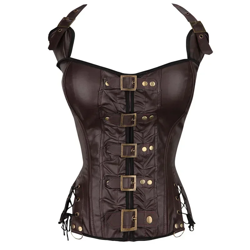 Steampunk Faux Leather Corset Tops Gothic Women Lace-up Halterneck Bustier Shapewear Slimming Waist Shaping Overbust Korset