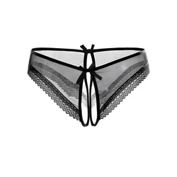 Plus Size Panties Women Open Crotch Mesh Sheer Brief Sexy Bowknot Erotic Lingerie Low Waist Expose Buttock Underwear for Sex