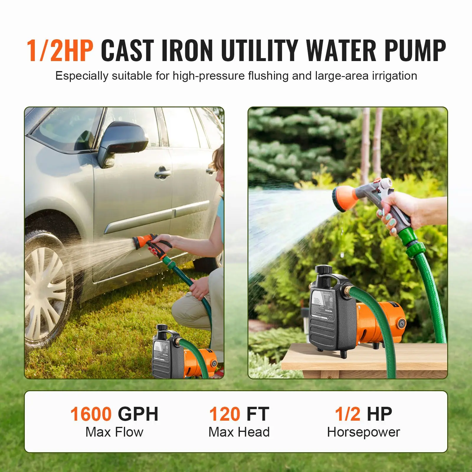 Cast Iron Water Transfer Pump, 115V AC 1600 GPH 1/2HP, Portable Electric Utility Pump with Carbon Brush, Filter, Brass Connectors, for Garden, Rain Barrel, Pool, Pond, Hot Tub, Aquarium Draining