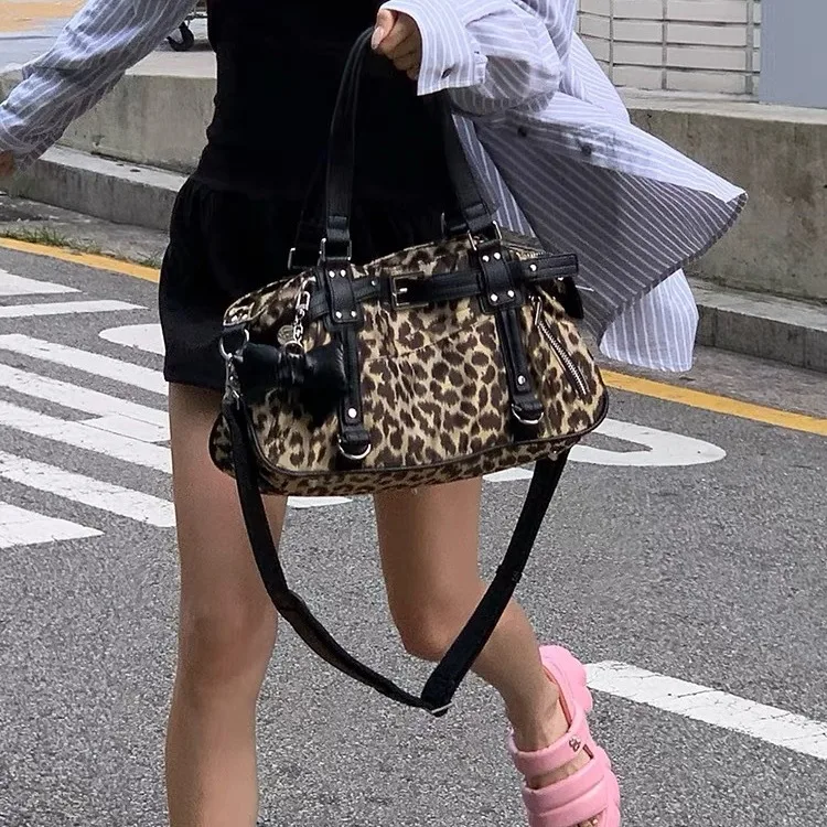 Harajuku Leopard Print Y2k Shoulder Bags Women Hot Girls Nylon Cute Handbag Ladies Vintage Tote Underarm Bag Aesthetic