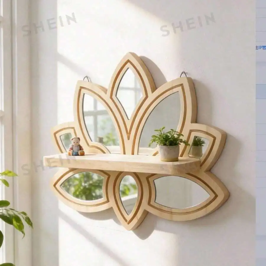 1pc Wooden Lotus Shaped Wall Mounted Floating Shelf With Mirror, Bohemian Floral Decor, For Yoga Meditation Room, Minimalist Bed