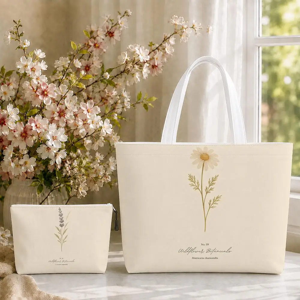 Flower specimens Storage Bags 2-Piece Set Double-Sided Printed Canvas Tote Bags with Zipper Shopping Shoulder Handbags