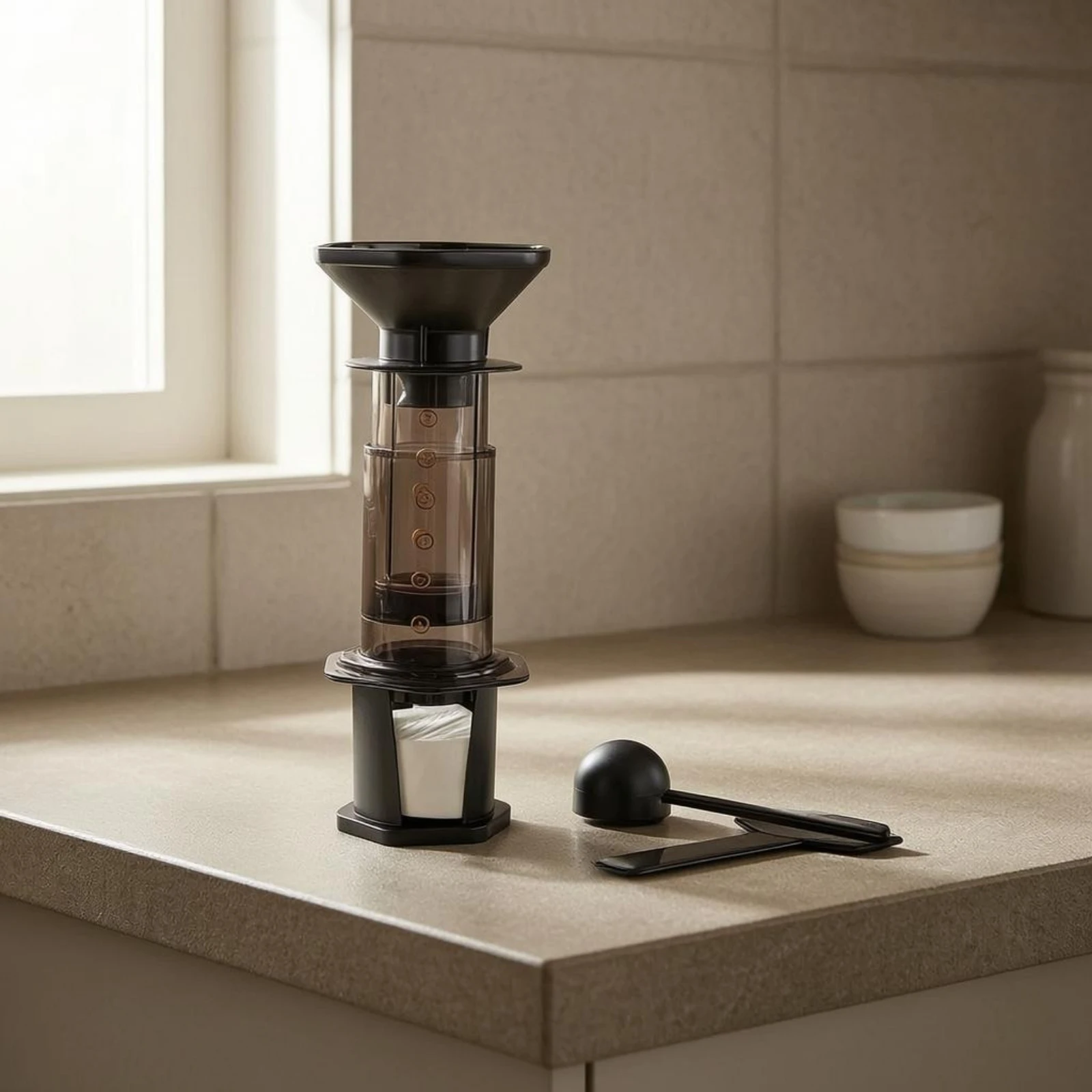 Manual Coffee Brewer Upright Transparent Coffee Brewer Brew Gear Gold Step Numbers Kitchen Appliance No Electricity view 2