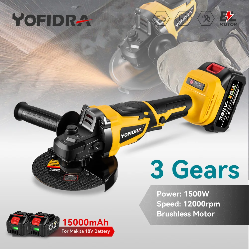 YOFIDRA M14 125mm Brushless Angle Grinder 12000RPM Cordless Electric Impact Grinding Home DIY Power Tool For Makita 18V Battery