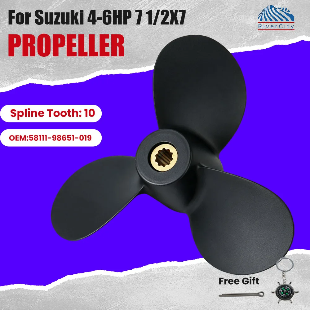7 1/2x7 Outboard Propeller for Suzuki 4HP 5HP 6HP Boat Aluminum Alloy Screw 3 Blade 10 Spline Marine Engine Part 58111-98651-019