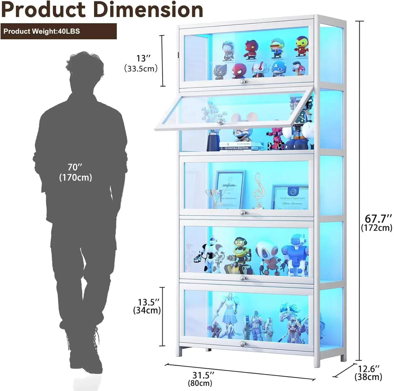 White Tall Curio Display Cabinet Acrylic Glass Doors Collectible Toy Organizer Bookcase Home Office Playroom Living Room Shelf R
