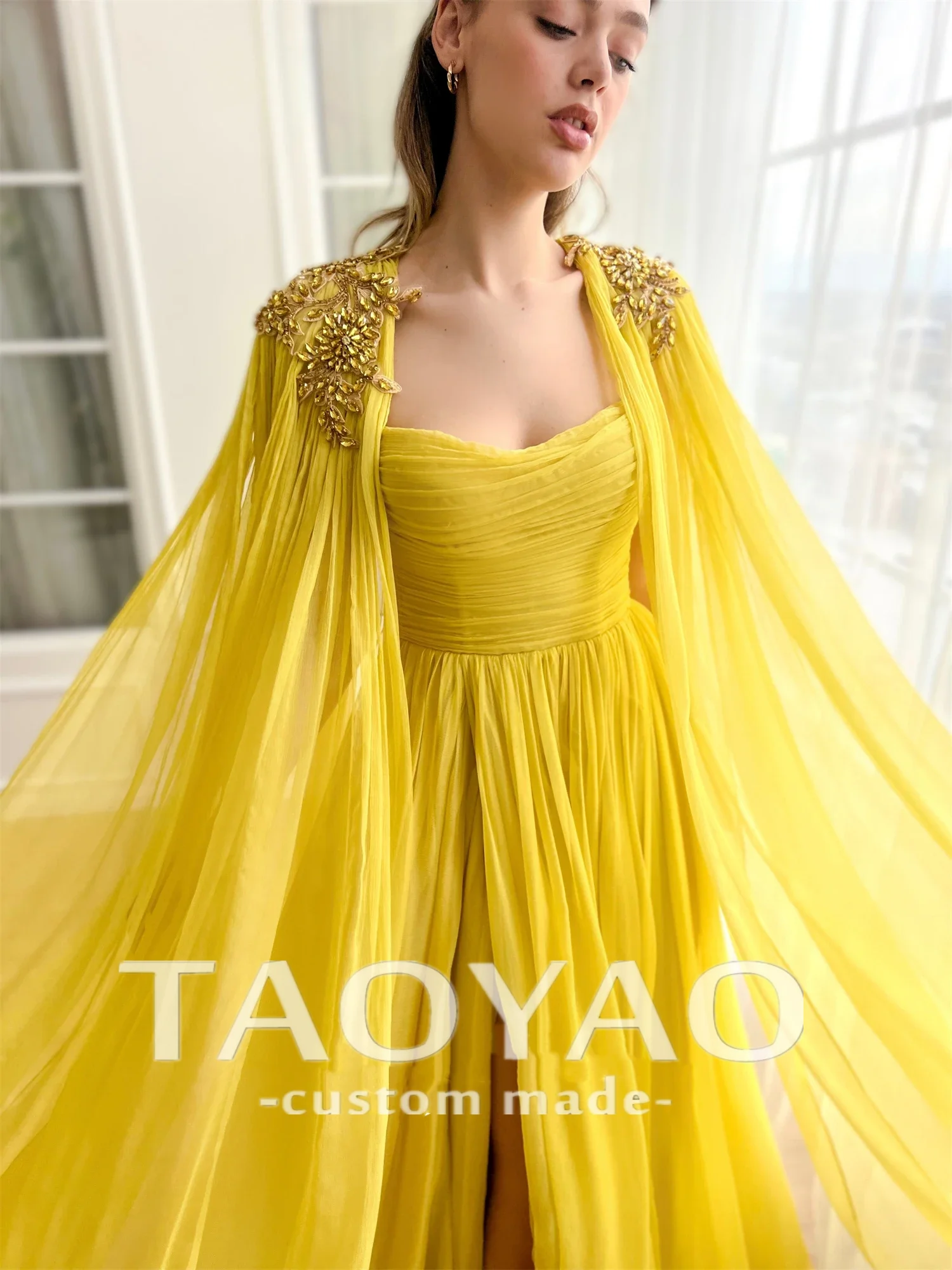 Yellow Chiffon Shawl Ball Gown Line A Graduation Glitter Decoration Wedding Party Dresses Gala Dress 2024 Robe De Soiree Femmes