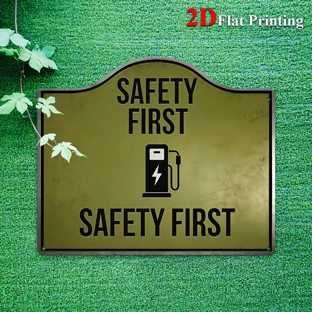 1pc 2D Flat Aluminum Sign Artwork Featuring A Vintage Green Design That Emphasizes Safety With A Lightning Bolt And Pump Icon