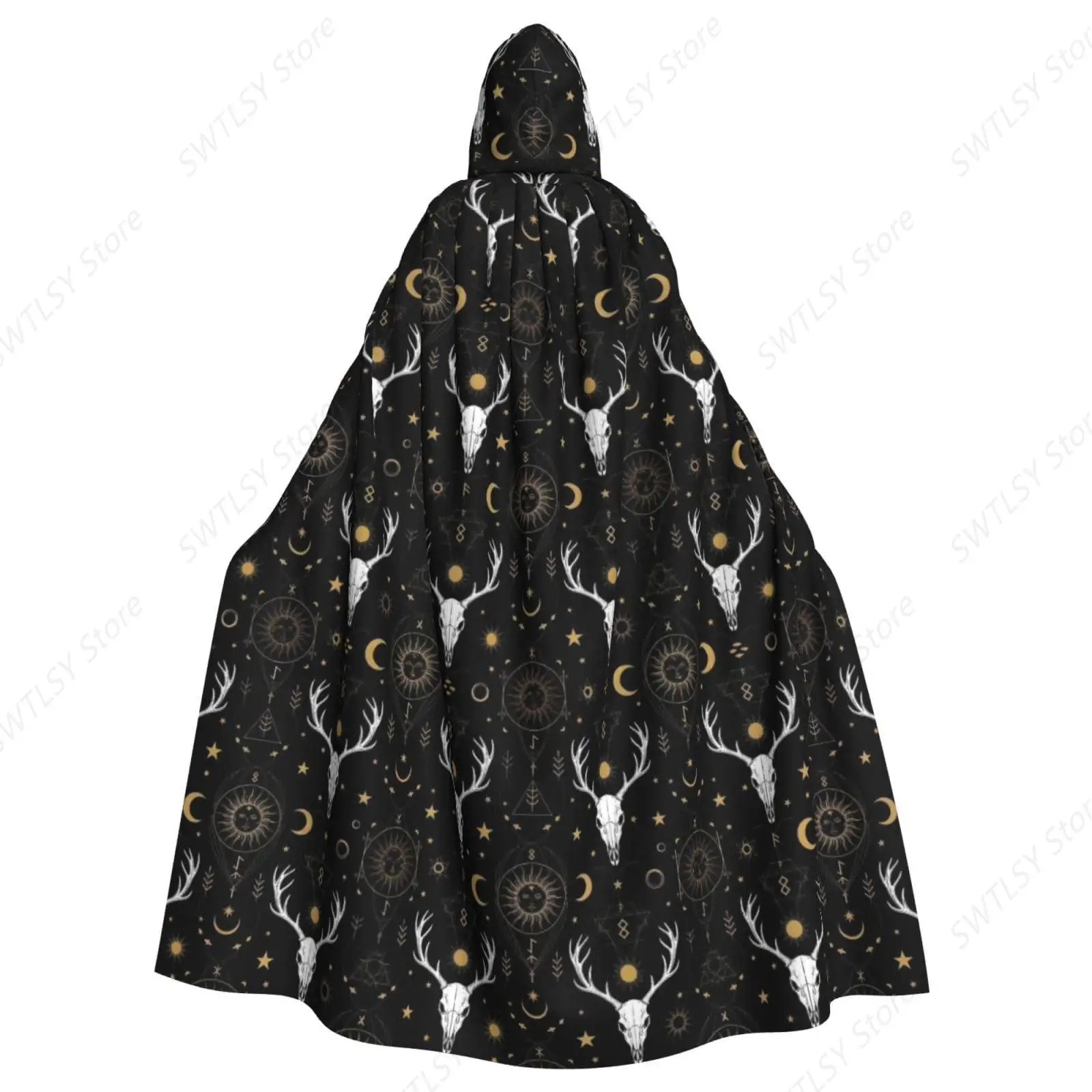 Women Men Hooded Cloak Robe Compatible with Sun Moon Goth Camo Deer Skull, Halloween Cosutme Cape Halloween Wizard Cosplay