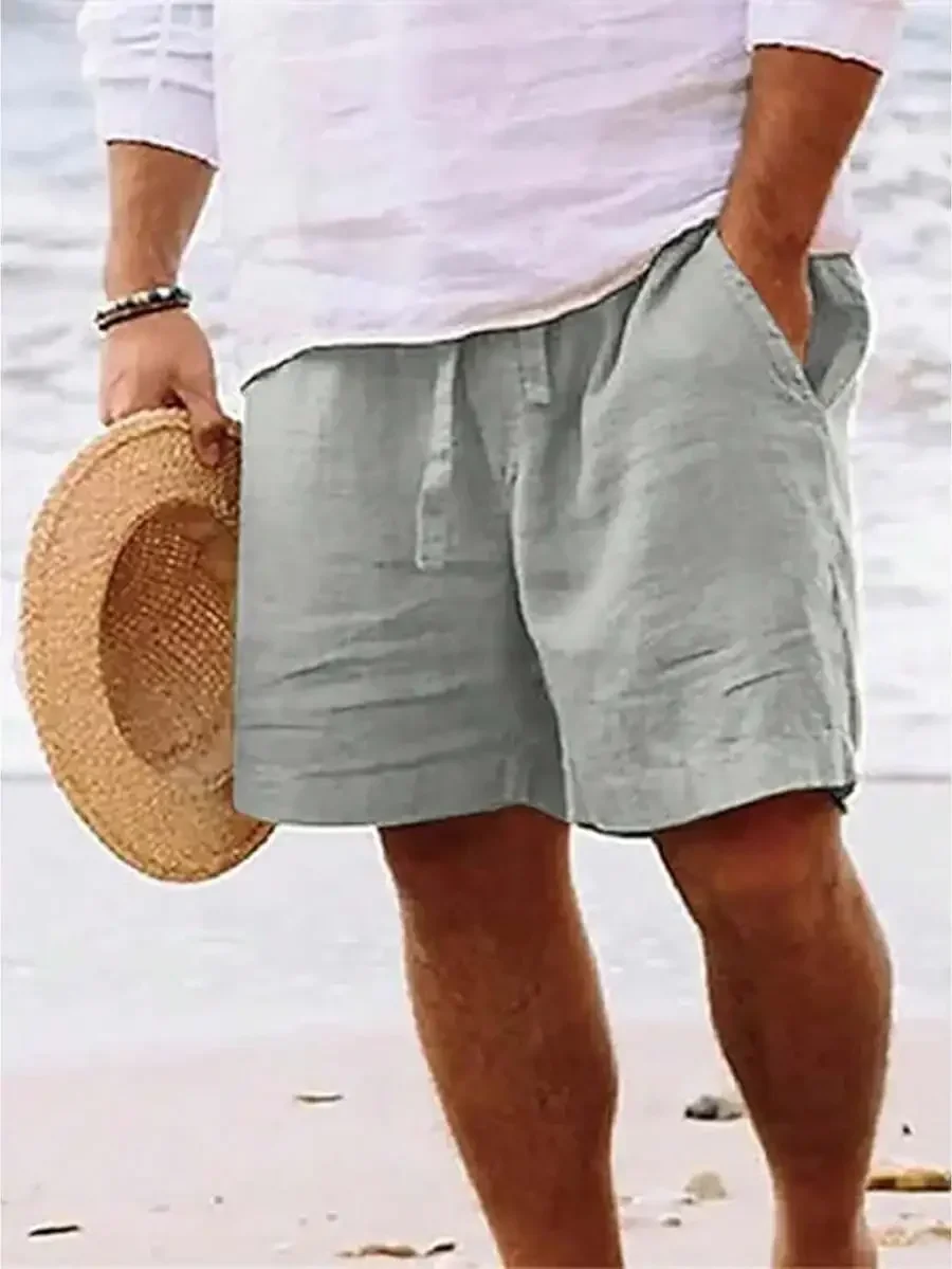 Mens Linen Drawstring Elastic Waist Loose Beach Shorts Solid Color