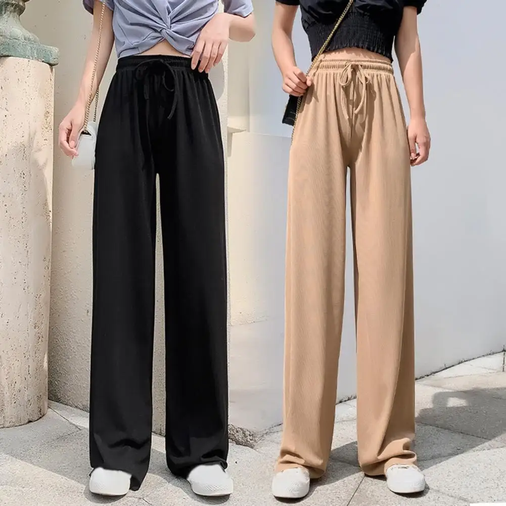 High Waisted Ice Silk Trousers Stylish Women's Ice Silk Wide Leg Pants with Adjustable Drawstring Elastic Waist for Comfortable