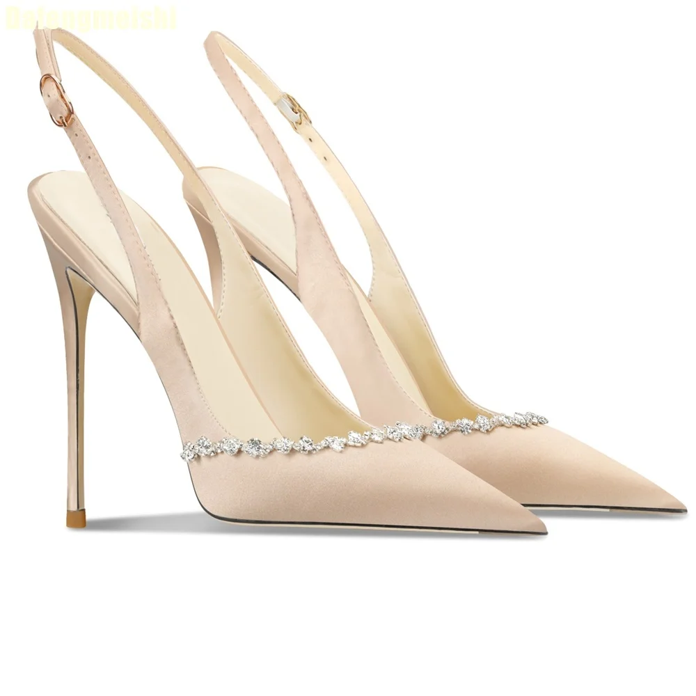 

Champagne Satin One-Line Buckle Sandals Women 2025 New Summer Stiletto Rhinestones Bling Bling Fashion Slingback High Heels
