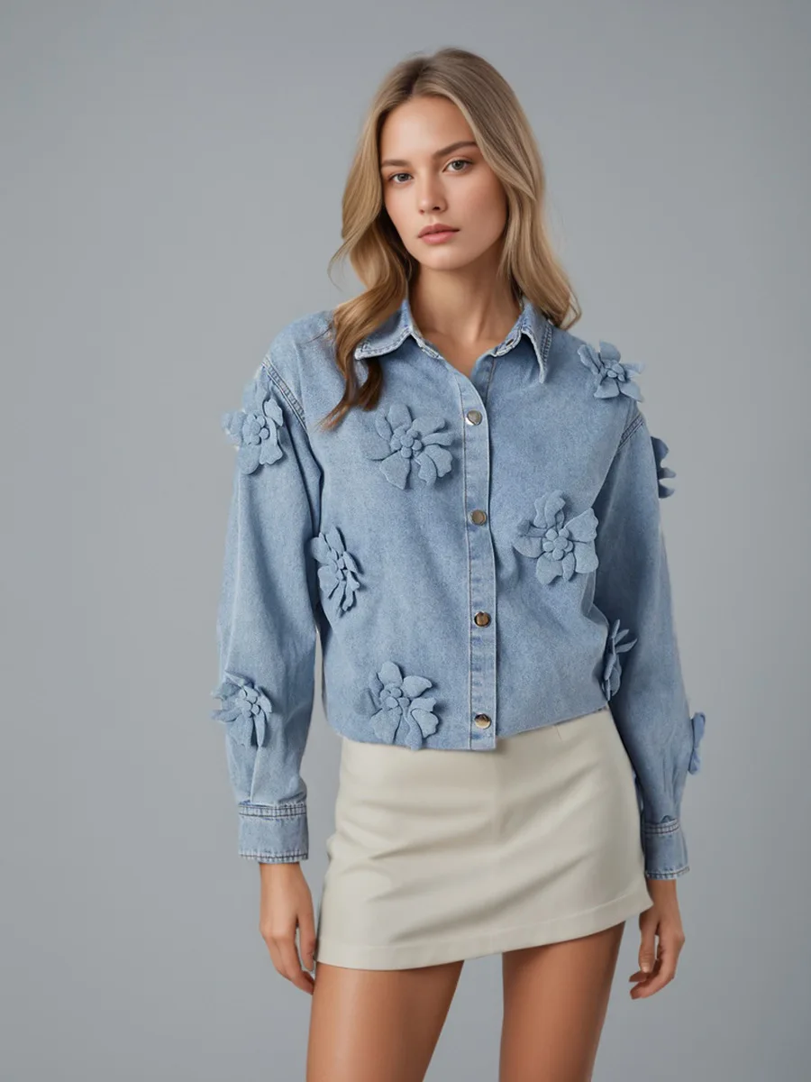 YUERWAN Women Denim Jacket 2025 Spring Fashionable New Three dimensional Flower Stitching Denim Coat All Match Blue Jean Tops