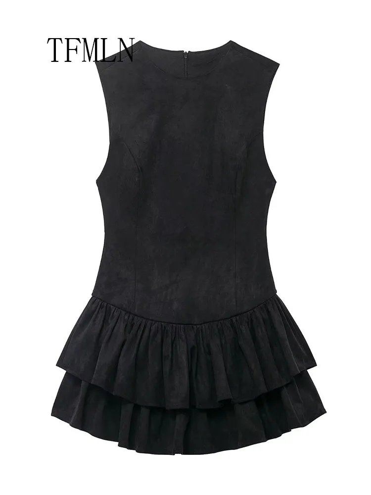 Tfmln doce em camadas mini vestido para mulheres elegante sexy sólido sem mangas em torno do pescoço vestido de volta zíper festa à noite vestidos curtos