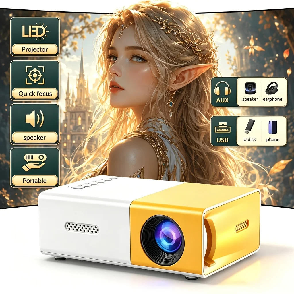 MINI Smart projector, supporting USB connection to mobile phones and computers, with built-in speakers, 230° adjustable
