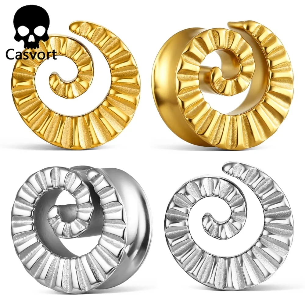 Casvort 2PCS 316L Stainless Steel Spiral Ear Saddle Plugs Reversible Smooth Ribbed Snail Ear Gauges Stretched Piercing Jewelry