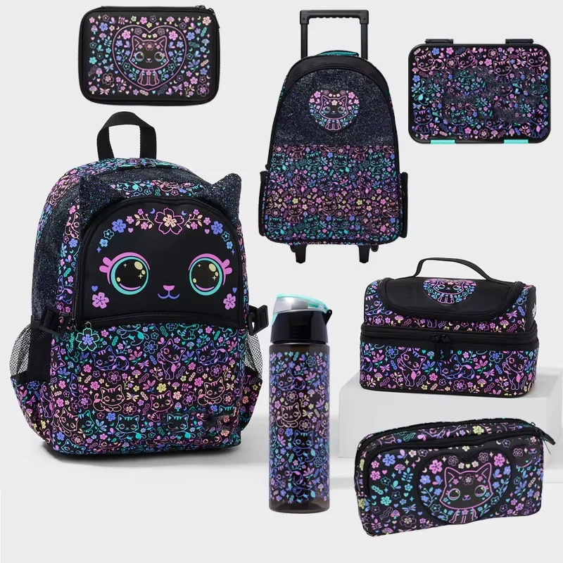 

New Cartoon Peripheral Black Cat Series Trolley Schoolbag And Backpack, Student Large-Capacity Meal Bag And Lunch Box Set Gift