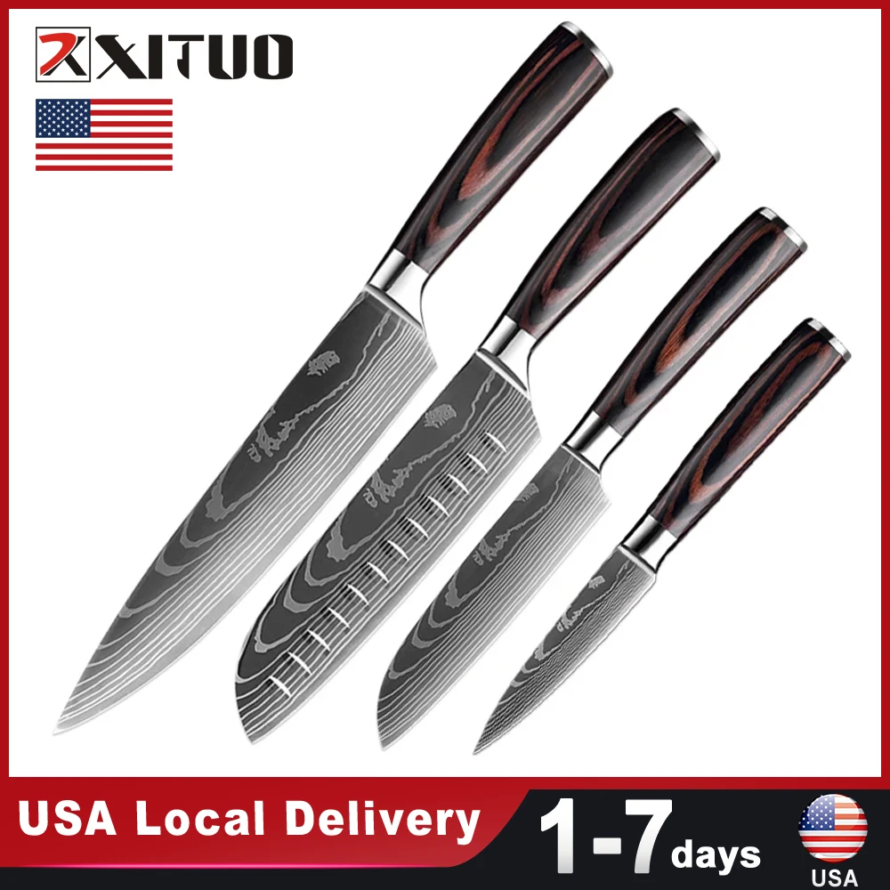 USA Warehouse Fast Shipping Stainless Steel 4PCS Set Knives Wooden Handle Kitchen Cleaver Slicing Knife Fruit Knife Chef's Knife