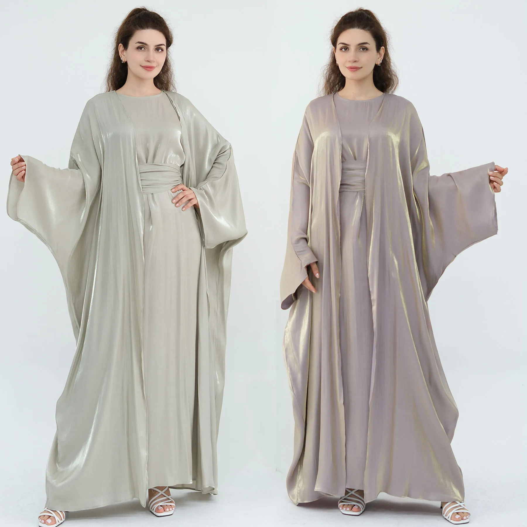 Summer Shiny Hijabi Abaya 2PC Set, Evening Party Muslim Women Suit, Sleeves Dress+Batwing Sleeves Abaya, Dubai Islamic Clothing