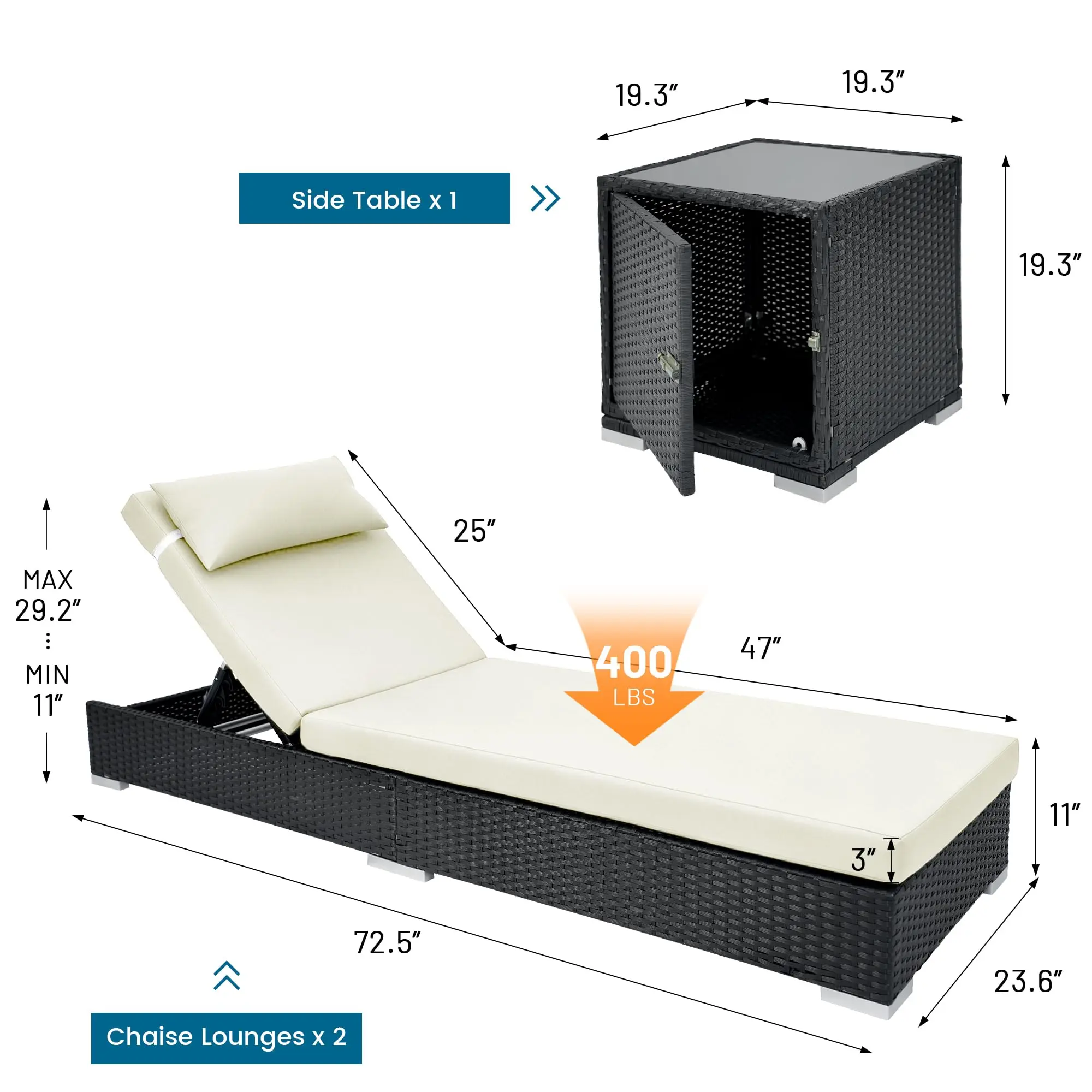 Outdoor Chaise Lounge Chairs Set of 2 with Storage Side Table, Rust-Resistant Aluminum Frame & Adjustable Backrest for