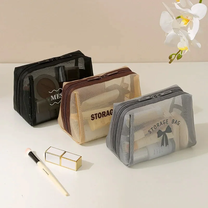 حقيبة مستحضرات التجميل الشبكية الشفافة، قطعة واحدة من النايلون خفيفة الوزن ومسامية وسحاب مثمن بسعة كبيرة #5