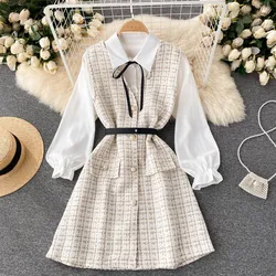 Chic Women Two-Piece Sets Long Puff Sleeve Lace-up Turn-down Collar Shirt Plaid Single Breasted Dress Korean Fashion Clothing