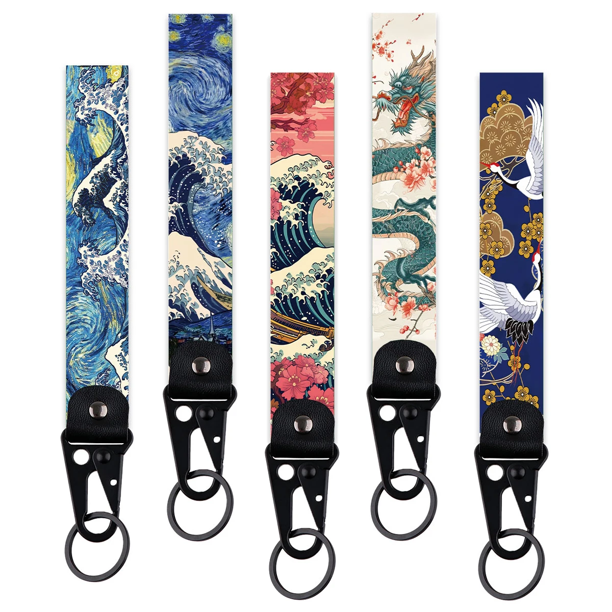 Van Gogh Keychain For Women Men Starry Sky Short Wrist Straps Japanese Waves Car Key Ring Backpack Pendant Jewelry Holiday Gifts