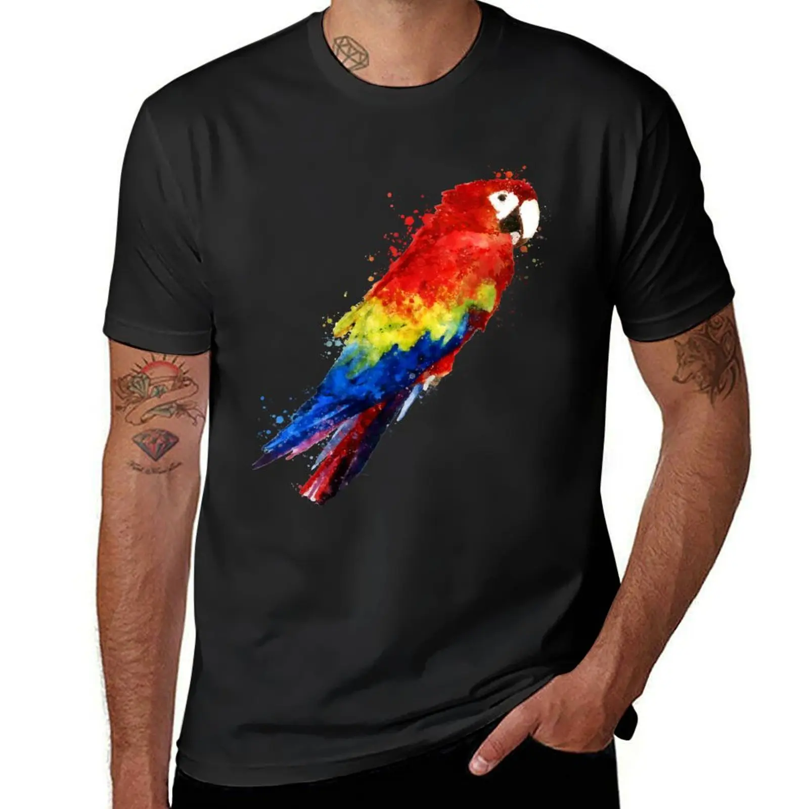 Dramabite Watercolour scarlet macaw parrot T-Shirt vintage kawaii clothes summer tops korean fashion mens tall t shirts