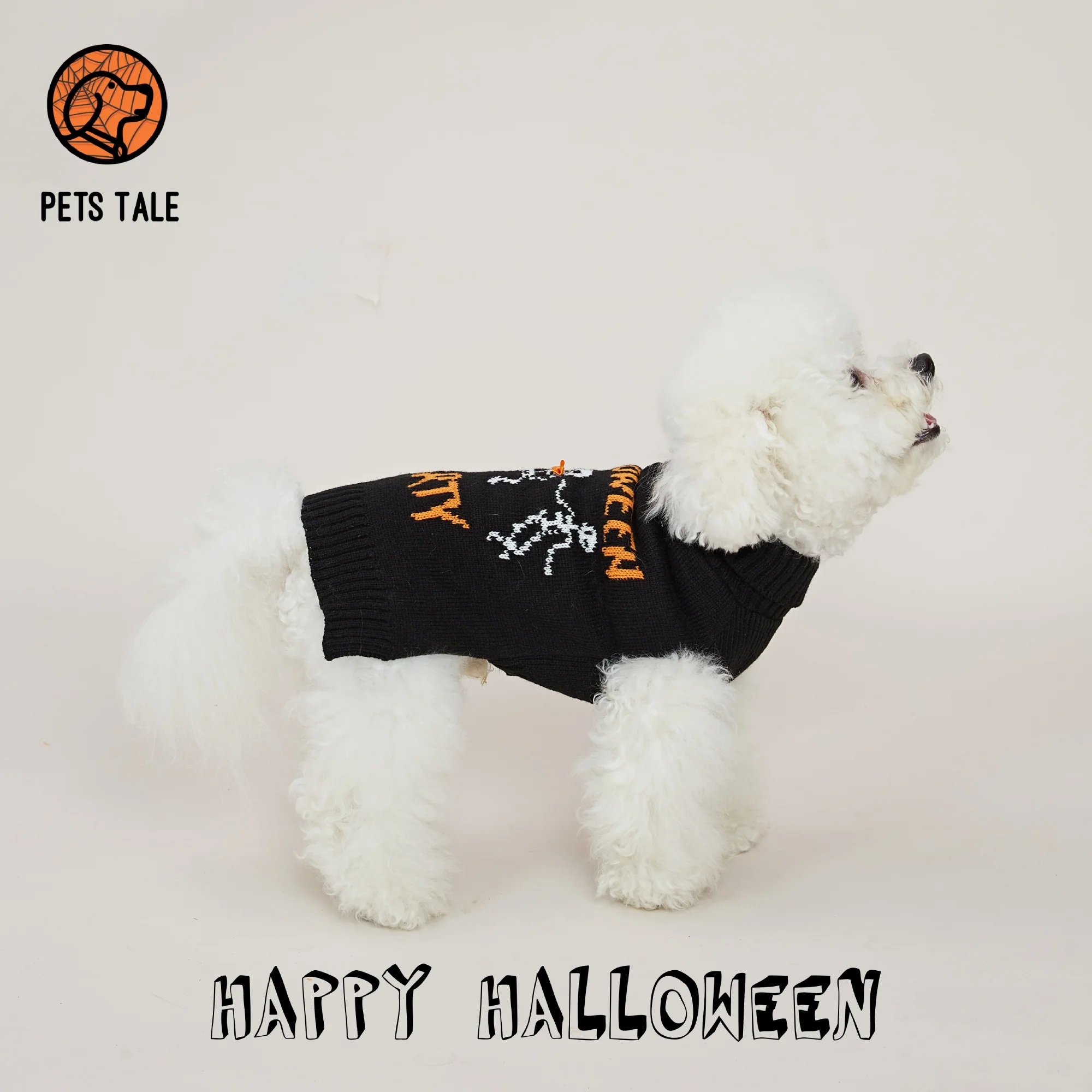 Halloween Party Skeleton Dance Orange Bow Chainlink Sweater with Turtleneck Collar